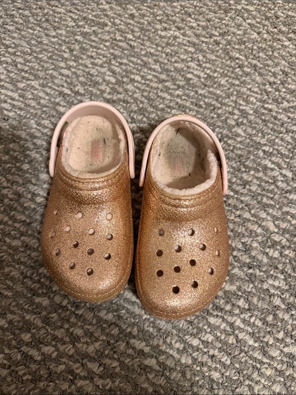 CROCS Kids Glitter Clogs in Rose Gold with Pink Strap